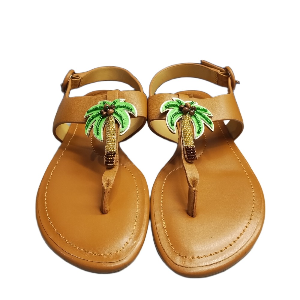 Talbots Thong Sandals Womens US 8M Brown Palm Tree Beaded Comfort Buckle Strap
